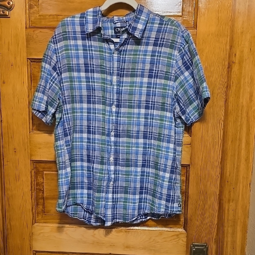 Chaps Blue & White Linen Blend Short Sleeve Casual Button Down Shirt L